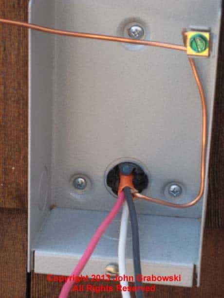 The number 10 bare copper ground wire is shaped in the rear of the generator inlet box and then wrapped around the green ground screw using the included clamp