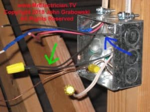 Three-way and two-way light switch wiring with the line and load in the same 4" square box. The green arrow points to the line hot wire connected to black wire of the 3 conductor cable which is going to the other 3-way switch somewhere. The blue arrow points to the load wire which will be connected onto the odd colored terminal on the 3-way switch. The red and blue wires are the travelers which.