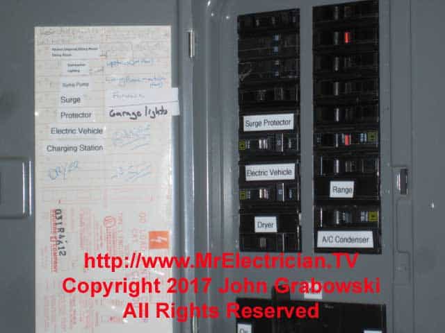 Main panel labeled with the surge protection device circuit breaker.  Although the wire attached to the surge protector was only #12, the manufacturer required that it be connected to a dedicated 50 amp circuit breaker.