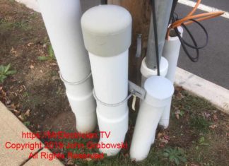 Five inch and four inch PVC electrical conduit emerging from the ground. Conduits are attached to a wood utility company power pole and are for the electrical and telephone service for a building
