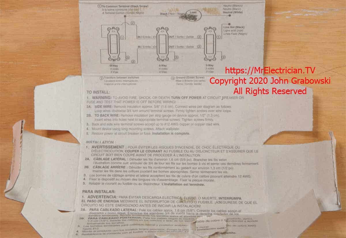 Four way switch wiring instructions inside the switch packaging