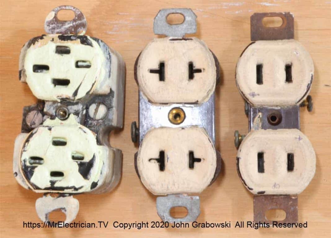 Three very old non-grounding type electrical receptacle outlets