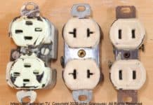 Three very old non-grounding type electrical receptacle outlets