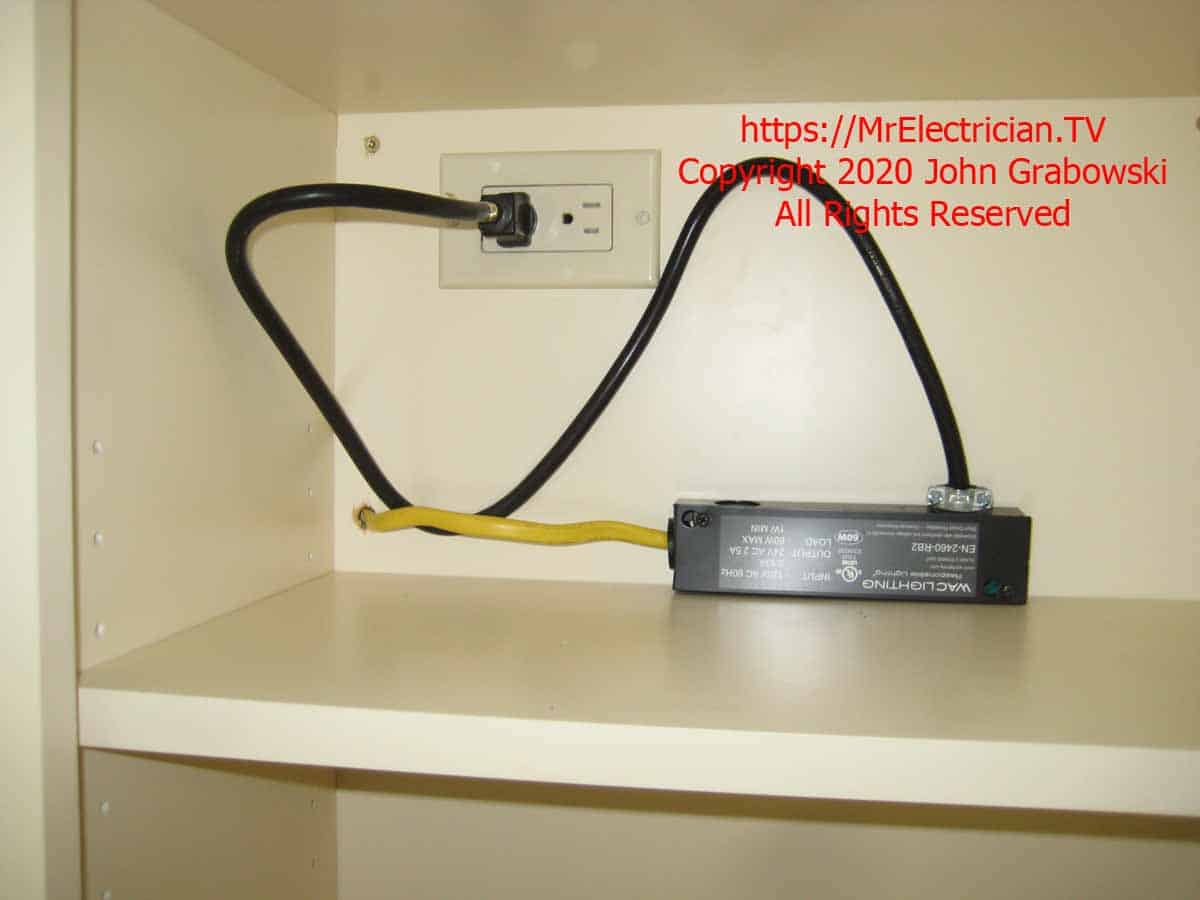 Low voltage lighting transformer that powers the recessed lights in the kitchen cabinet