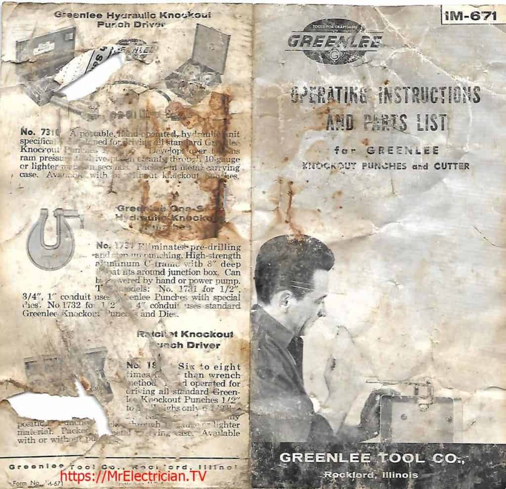 Front and back page of old operating instructions and parts list for Greenlee knockout punches and cutter
