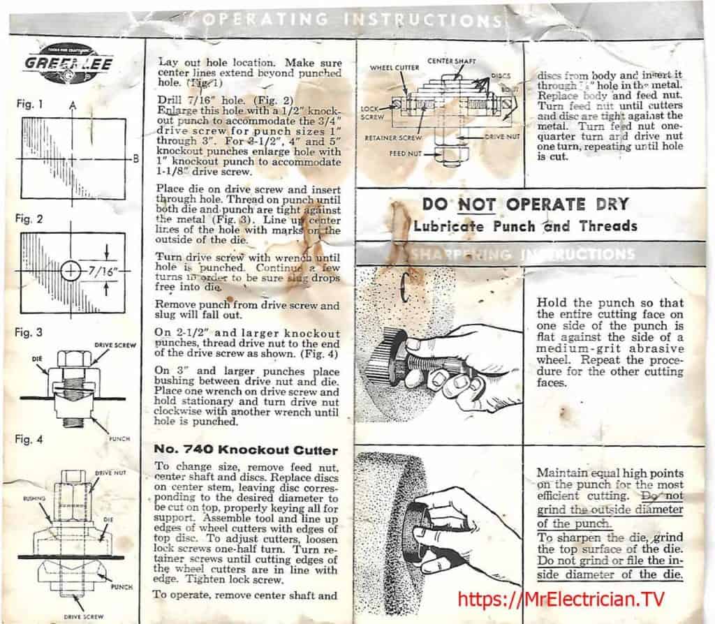 A section of an old operating manual for Greenlee hand knockout punches, instead of using electrical conduit hole saws
