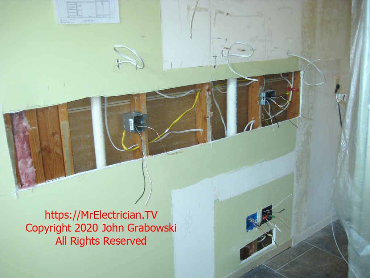 Rough wiring for kitchen cabinet lights, counter top outlets and a wall switch
