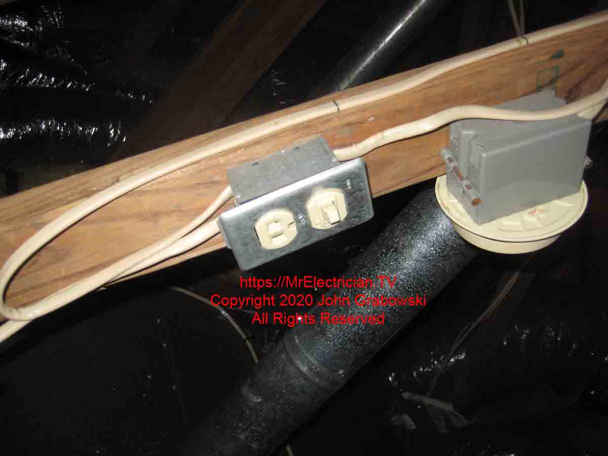 A combination device being used as an attic fan shut off switch and also a service outlet
