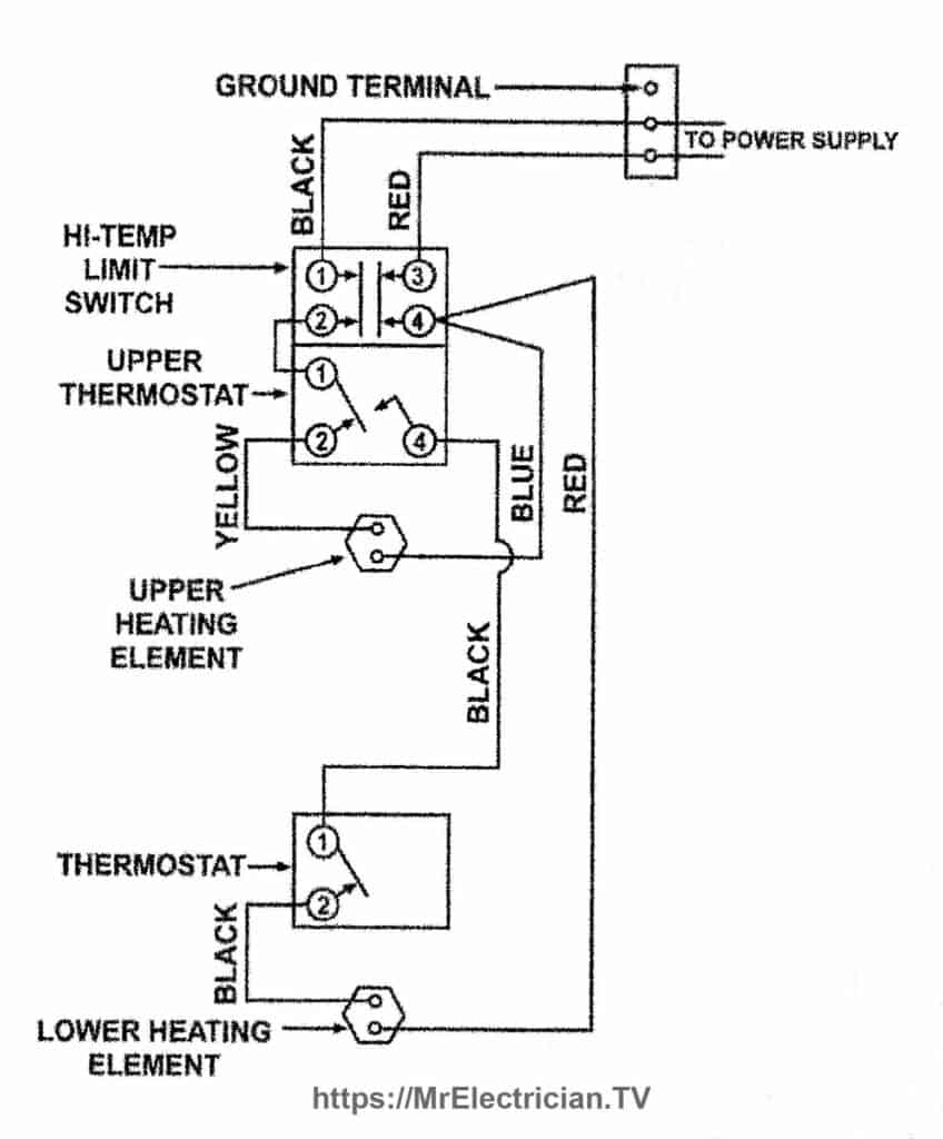 An internal wiring diagram for a domestic water heater with two heating elements.
