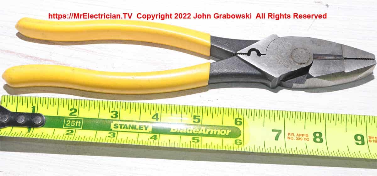 A pair of Klein Lineman pliers with a built-in crimper. CLICK to see many brands of Lineman Pliers with Crimpers