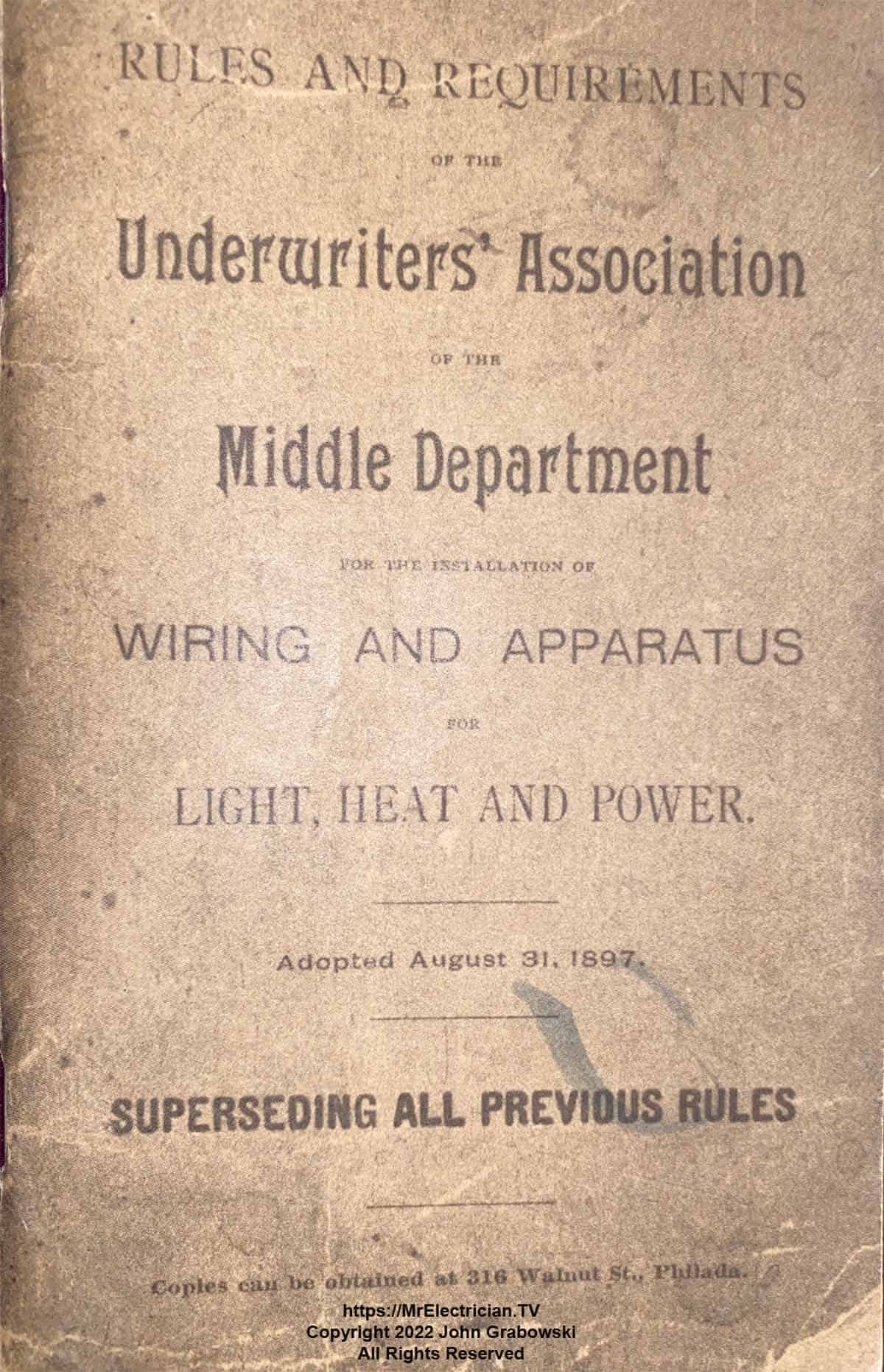 Cover of an old edition of an electrical code book published by Middle Department.   This was published prior to the formation of the National Electrical Code
