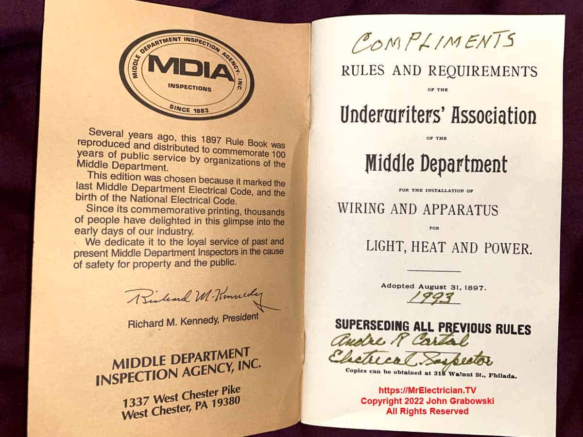 Inside cover of the an old electrical code book published by Middle Department.   This was published prior to the formation of the National Electrical Code