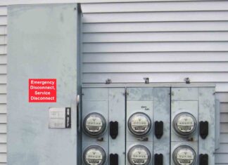 A nine-gang electric meter stack with a large disconnect switch for all. There is a red sticker with white letters on the front of the large disconnect switch that reads: "Emergency Disconnect, Service Disconnect"
