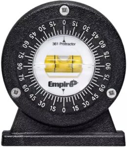 A magnetic protractor with a rotating dial and built-in bubble level is a useful tool for electricians when bending conduit.