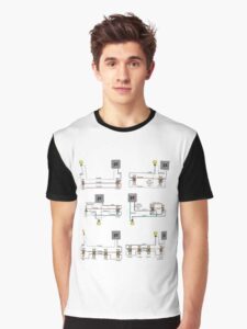 A young man wearing a two-tone white-with-black short-sleeved tee shirt with 2-way, 3-way, and 4-way switch wiring diagrams printed on the front. CLICK THE IMAGE to see wiring diagrams for clothing, stickers, tote bags, tool pouches, phone cases, and other merchandise.