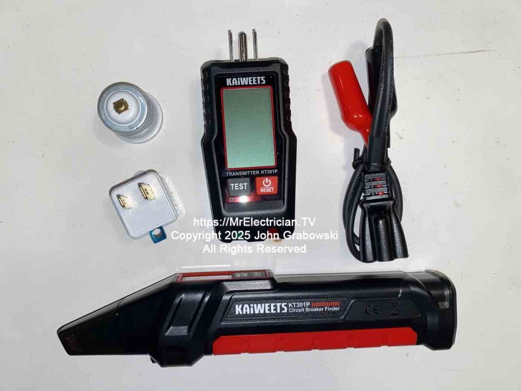 A Kaiweets KT301P circuit breaker finder and accessories without the included case