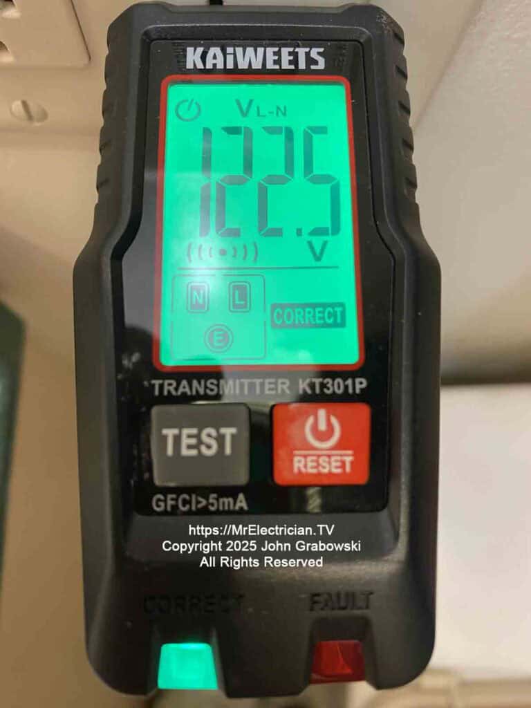 A photo of a Kaiweets electrical receptacle outlet tester and transmitter used for checking voltage and polarity as well as sending an identifying signal through the electrical wiring to find the correct circuit breaker. CLICK THE IMAGE to see more circuit breaker finders on Amazon.