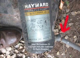 An example of a swimming pool pump motor with a broken electrical conduit connection and no equipotential bonding. This has the possibility of causing electric shock drowning.