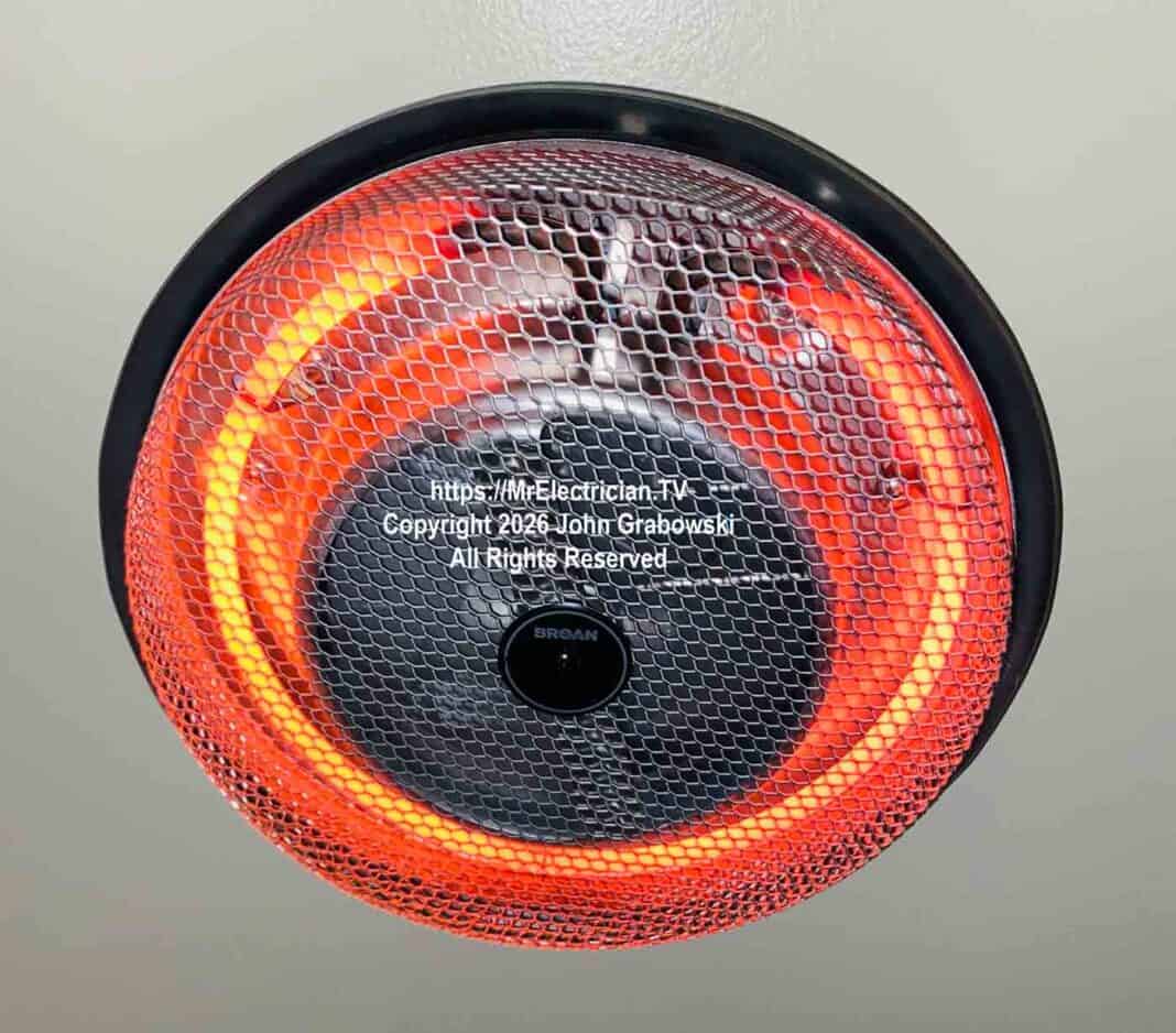 bathroom-ceiling-heater-E0693 A Broan #157, 1250 watt, round surface mounted, fan forced ceiling heater is easily mounted to a standard round or octagonal ceiling electrical box with a dedicated 15 or 20 amp, 120 volt electrical circuit. The round heating element is red hot and heat is pushed downward with a small internal fan.