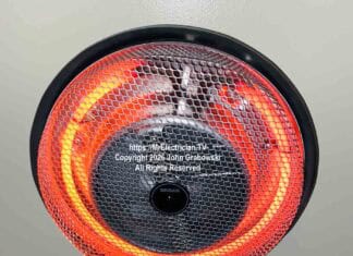 A Broan #157, 1250 watt, round surface mounted, fan forced ceiling heater is easily mounted to a standard round or octagonal ceiling electrical box with a dedicated 15 or 20 amp, 120 volt electrical circuit. The round heating element is red hot and heat is pushed downward with a small internal fan.