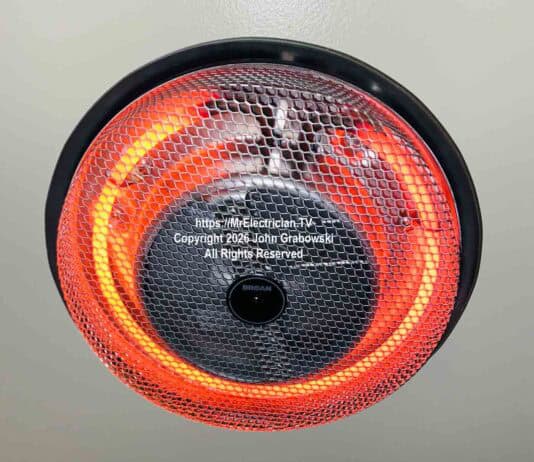 A Broan #157, 1250 watt, round surface mounted, fan forced ceiling heater is easily mounted to a standard round or octagonal ceiling electrical box with a dedicated 15 or 20 amp, 120 volt electrical circuit. The round heating element is red hot and heat is pushed downward with a small internal fan.