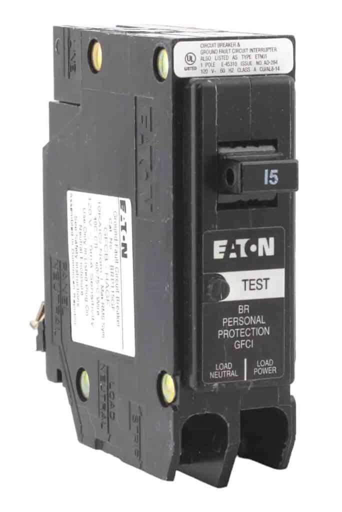 CLICK THE IMAGE to see an 15 amp Eaton Cutler-Hammer type BR single pole, GFCI circuit breaker in the the tripped position on Amazon.