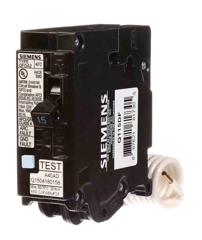 CLICK THE IMAGE to see a 15 amp Siemens dual function single pole circuit breaker that will trip off due to overload, short circuits, ground faults and arc faults on Amazon.