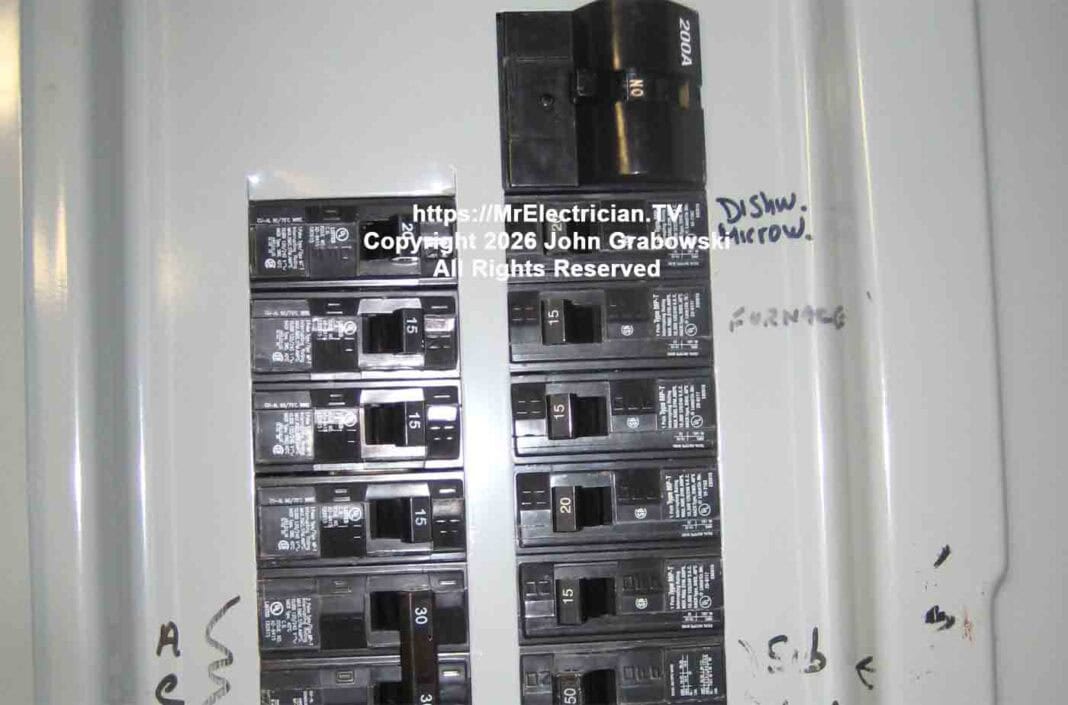 A group of circuit breakers inside a Murray 200 amp circuit breaker panel