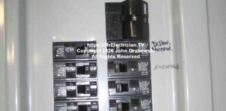 A group of circuit breakers inside a Murray 200 amp circuit breaker panel