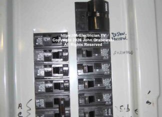 A group of circuit breakers inside a Murray 200 amp circuit breaker panel