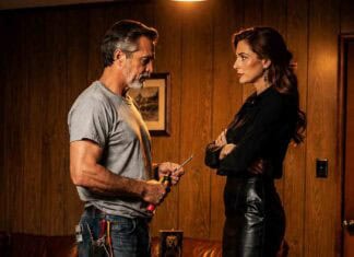 A male electrician and an attractive female client are facing each other with serious looks on their faces as they rediscover their old romance during a service call